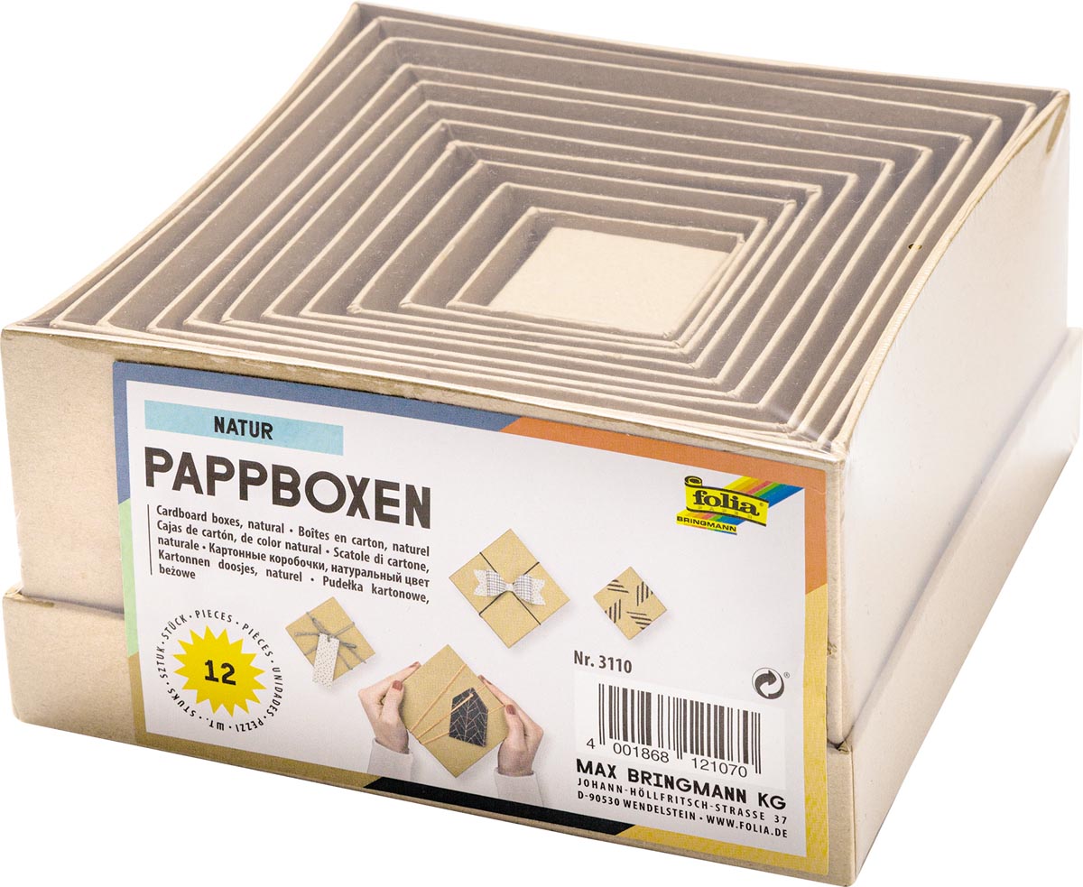Folia dozen voor decoratie, vierkant, uit karton, pak van 12 stuks in geassorteerde maten, bruin afbeelding