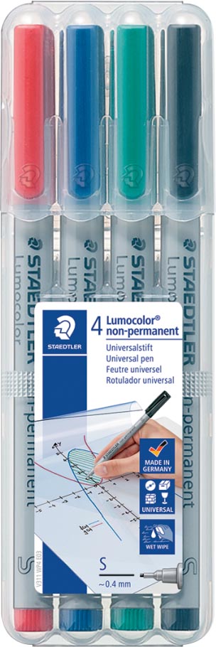 Staedtler OHP-marker Lumocolor Non-Permanent geassorteerde kleuren, box met 4 stuks, superfijn 0,4 mm