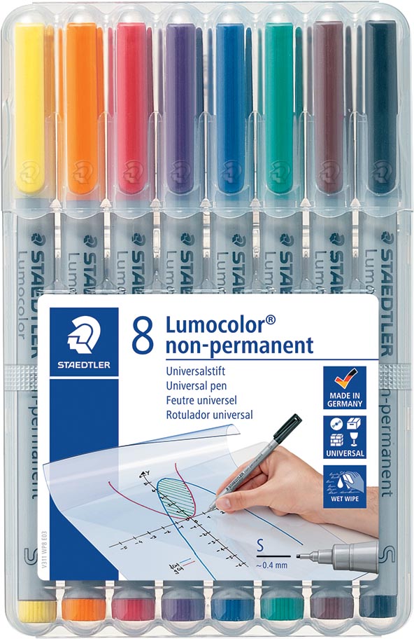 Staedtler OHP-marker Lumocolor non-permanent, superfijn 0,4 mm, doos van 8 stuks in geassorteerde kleuren