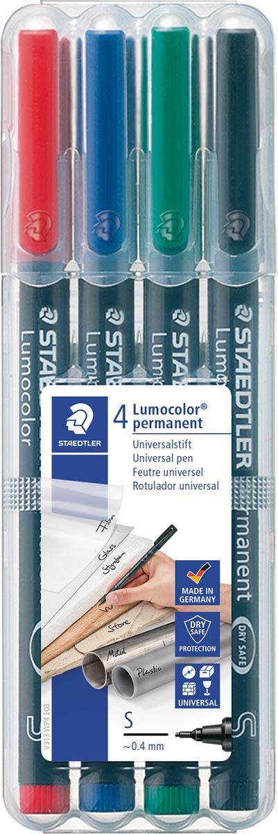 Staedtler Lumocoler 313, OHP-marker, permanent, 0,4 mm, etui van 4 stuks in geassorteerde kleuren Staedtler Lumocoler 313, OHP-marker, permanent, 0,4 mm, etui van 4 stuks in geassorteerde kleuren