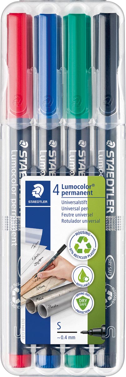 Staedtler Lumocoler 313, OHP-marker, permanent, 0,4 mm, etui van 4 stuks in geassorteerde kleuren afbeelding