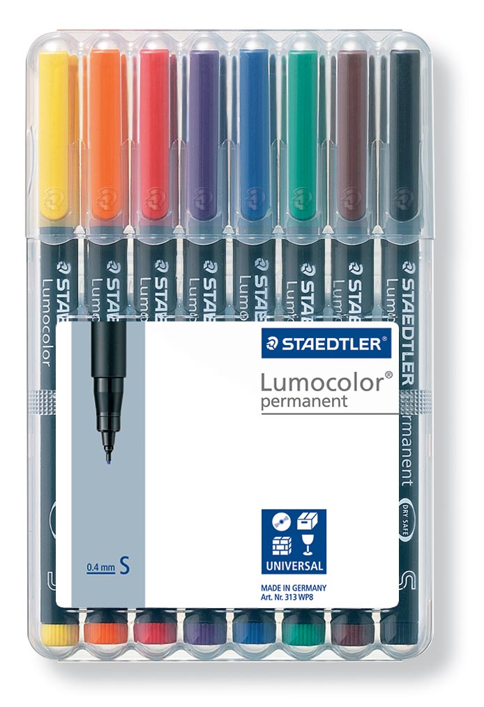 Staedtler OHP-marker Lumocolor Permanent geassorteerde kleuren, box met 8 stuks, superfijn 0,4 mm