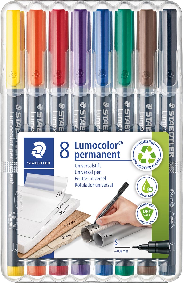 Staedtler Lumocoler 313, OHP-marker, permanent, 0,4 mm, etui van 8 stuks in geassorteerde kleuren afbeelding