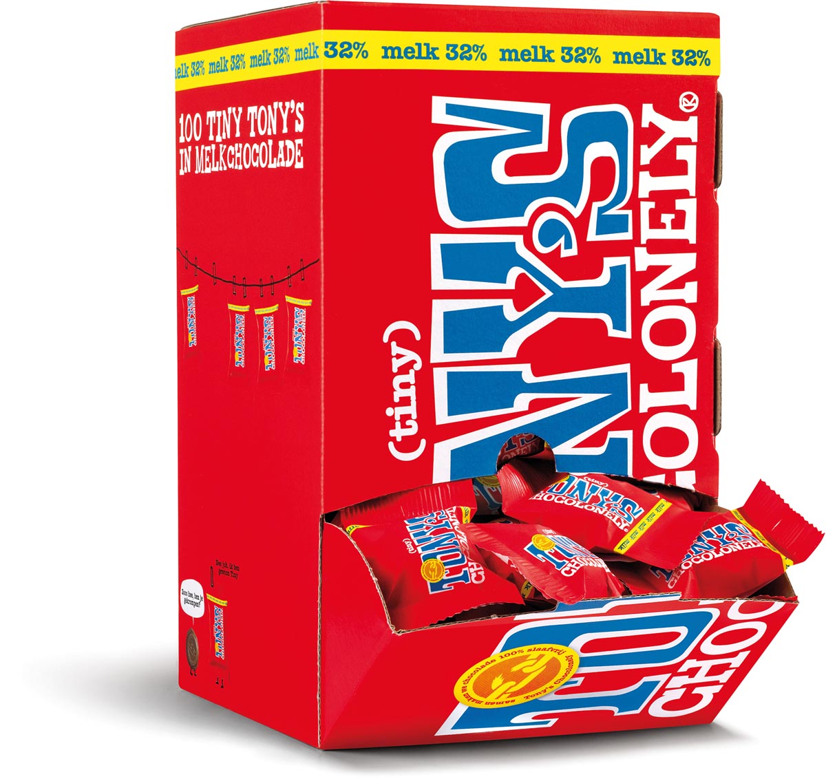 Tony's Chocolonely mini chocoladereep, 900g, doos van 100 stuks apart verpakt, melk