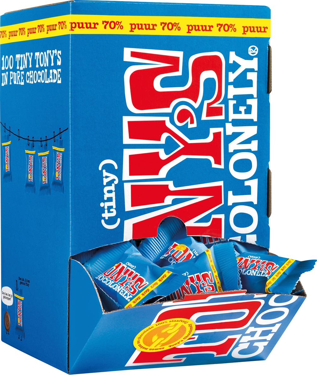 Tony&apos;s Chocolonely mini chocoladereep, 900g, doos van 100 stuks apart verpakt, puur afbeelding