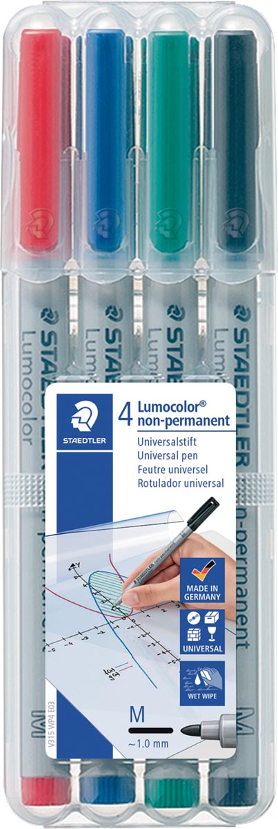 Staedtler OHP-marker Lumocolor Non-Permanent geassorteerde kleuren, box met 4 stuks, medium 1 mm