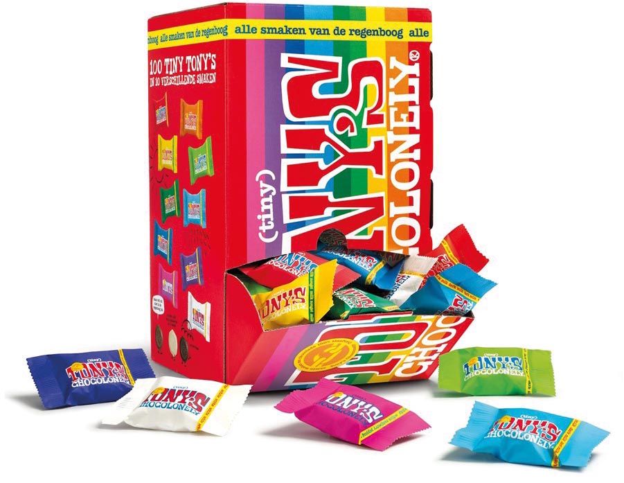 Tony&apos;s Chocolonely mini chocoladereep, 900g, doos van 100 stuks apart verpakt, mix afbeelding