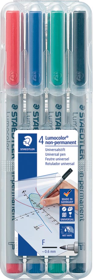Staedtler OHP-marker Lumocolor Non-Permanent geassorteerde kleuren, box met 4 stuks, fijn 0,6 mm
