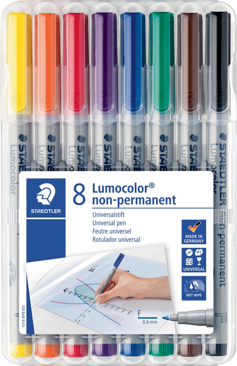Staedtler OHP-marker Lumocolor non-permanent, fijn 0,6 mm, doos van 8 stuks in geassorteerde kleuren