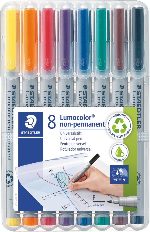 Staedtler Lumocolor 316, OHP-marker, non permanent, 0,6 mm, box van 8 stuks in geassorteerde kleuren afbeelding