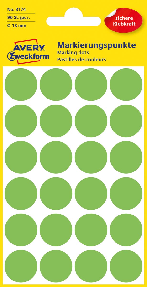 Avery Ronde etiketten diameter 18 mm, lichtgroen, 96 stuks afbeelding