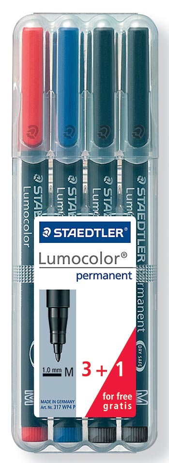 Staedtler Lumocolor 317, OHP-marker, permanent, 1,0 mm, box van 4 stuks in geassorteerde kleuren Staedtler Lumocolor 317, OHP-marker, permanent, 1,0 mm, box van 4 stuks in geassorteerde kleuren