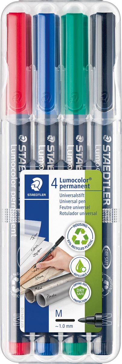 Staedtler Lumocolor 317, OHP-marker, permanent, 1,0 mm, box van 4 stuks in geassorteerde kleuren afbeelding