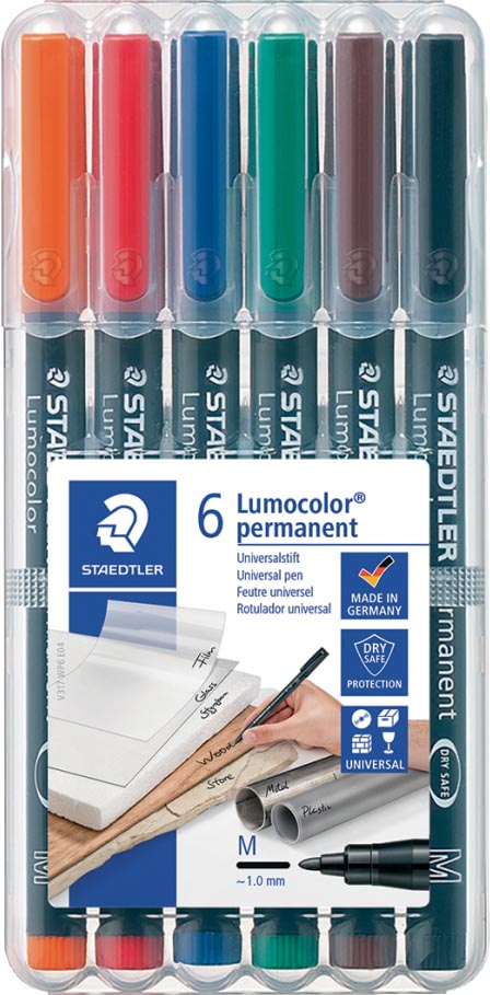 Staedtler OHP-marker Lumocolor Permanent geassorteerde kleuren, box met 6 stuks, medium 1 mm
