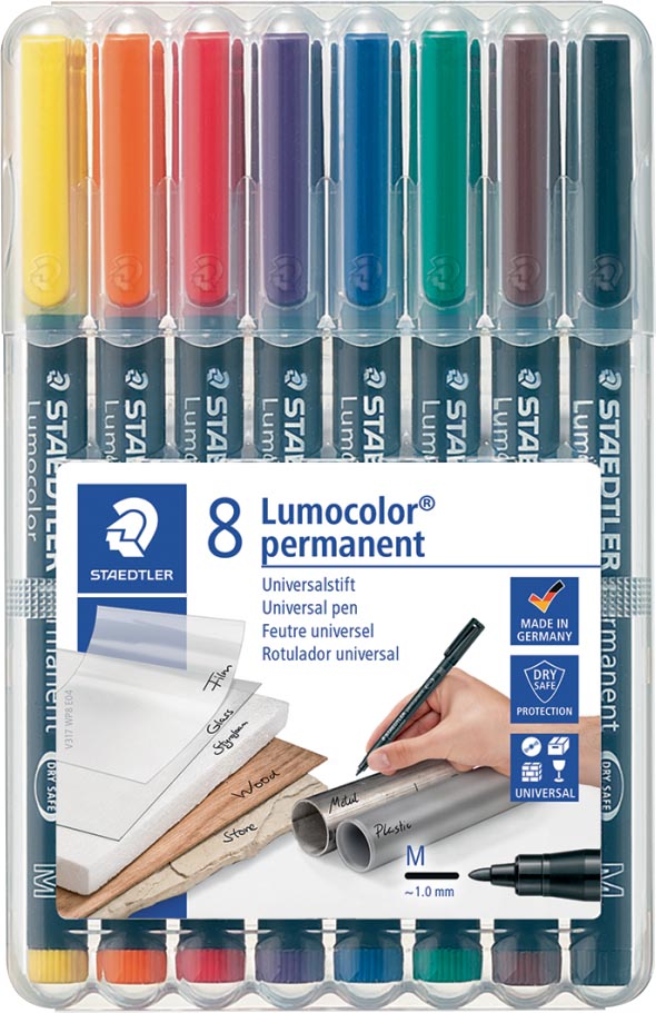 Staedtler OHP-marker Lumocolor Permanent geassorteerde kleuren, box met 8 stuks, medium 1 mm