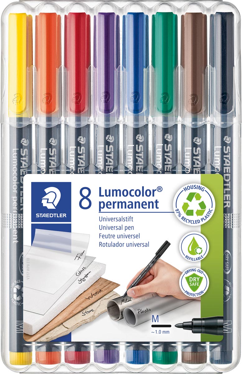 Staedtler Lumocoler 317, OHP-marker, permanent, 1,0 mm, etui van 8 stuks in geassorteerde kleuren afbeelding