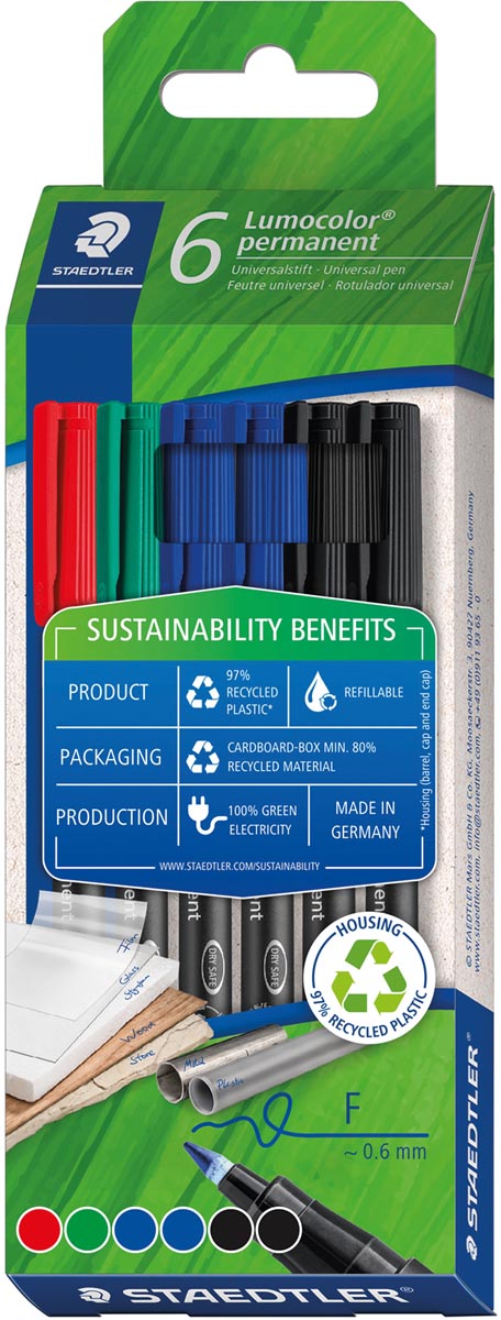 Staedtler Lumocolor 318 permanent marker, fijn, assorti, etui van 6 stuks afbeelding