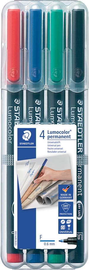 Staedtler OHP-marker Lumocolor Permanent geassorteerde kleuren, box met 4 stuks, fijn 0,6 mm