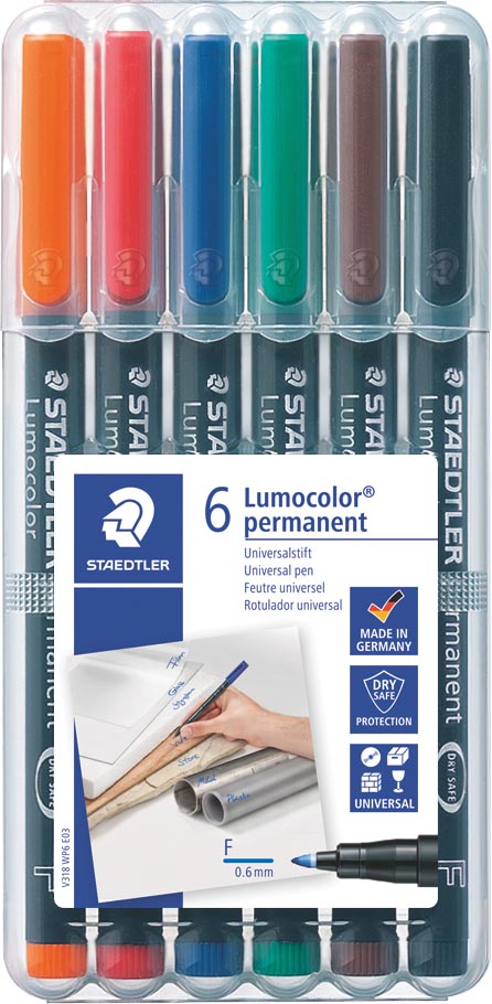 Staedtler OHP-marker Lumocolor Permanent geassorteerde kleuren, box met 6 stuks, fijn 0,6 mm Staedtler OHP-marker Lumocolor Permanent geassorteerde kleuren, box met 6 stuks, fijn 0,6 mm