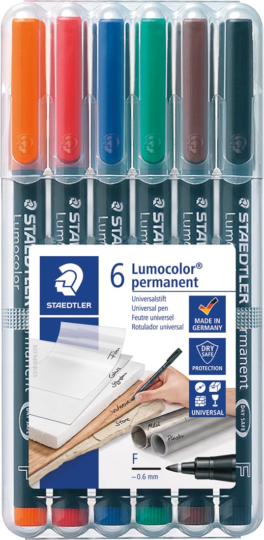 Staedtler OHP-marker Lumocolor Permanent geassorteerde kleuren, box met 6 stuks, fijn 0,6 mm