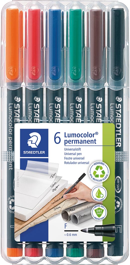Staedtler Lumocoler 318, OHP-marker, permanent, 0,6 mm, etui van 6 stuks in geassorteerde klassieke kleur afbeelding