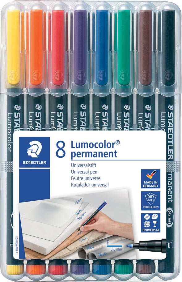 Staedtler OHP-marker Lumocolor Permanent geassorteerde kleuren, box met 8 stuks, fijn 0,6 mm