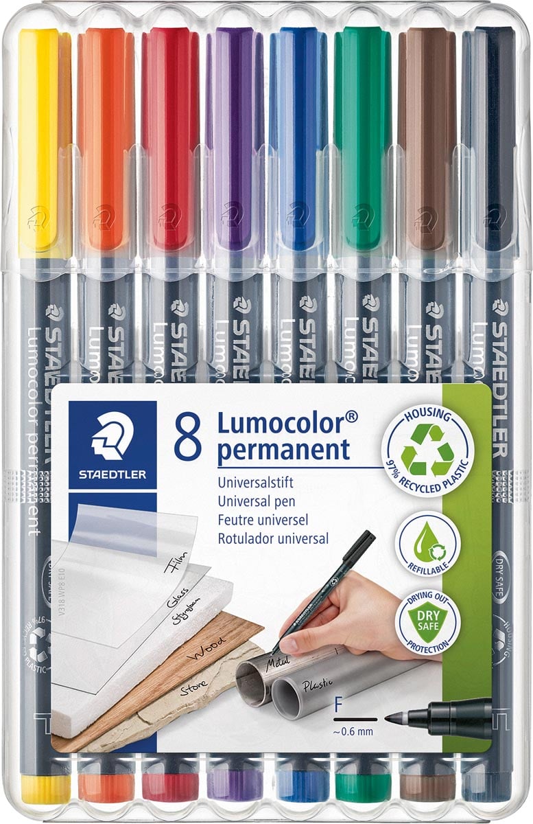 Staedtler Lumocoler 318, OHP-marker, permanent, 0,6 mm, etui van 8 stuks in geassorteerde kleuren afbeelding