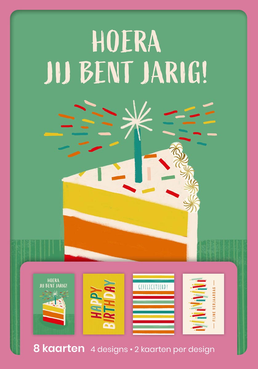 hallmark wenskaarten, hoera jij bent jarig, blister van 8 stuks afbeelding