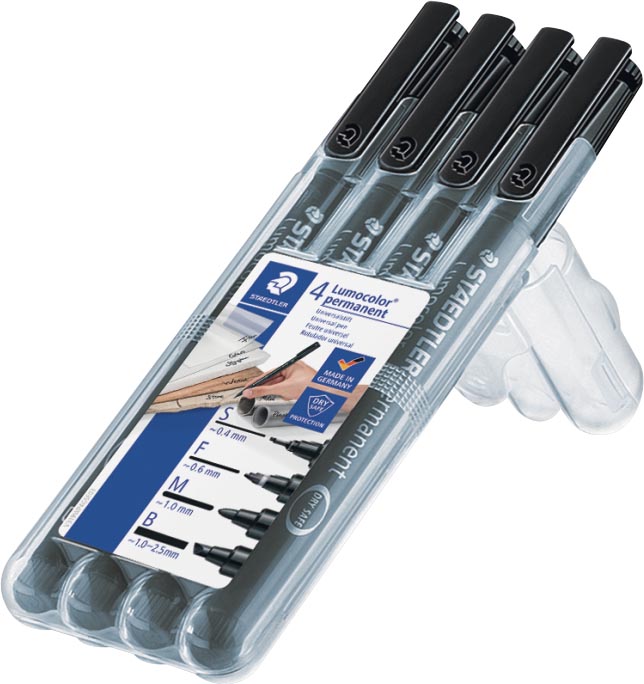 Staedtler Lumocolor 319, permanent marker special, 4 stuks in verschillende schrijfbreedtes, zwart afbeelding