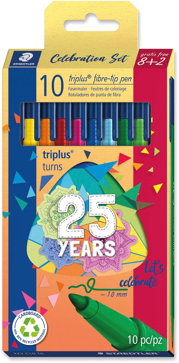 Staedtler viltstift Triplus, set van 10 viltstiften (8+2), assorti