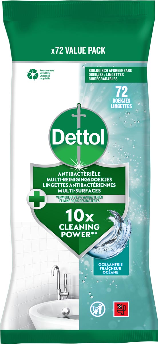 Dettol reiningsdoekjes antibacterieel, oceaanfris, pak van 72 stuks afbeelding