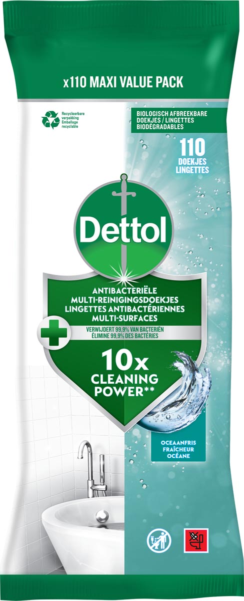 Dettol reiningsdoekjes antibacterieel, oceaanfris, pak van 110 stuks afbeelding