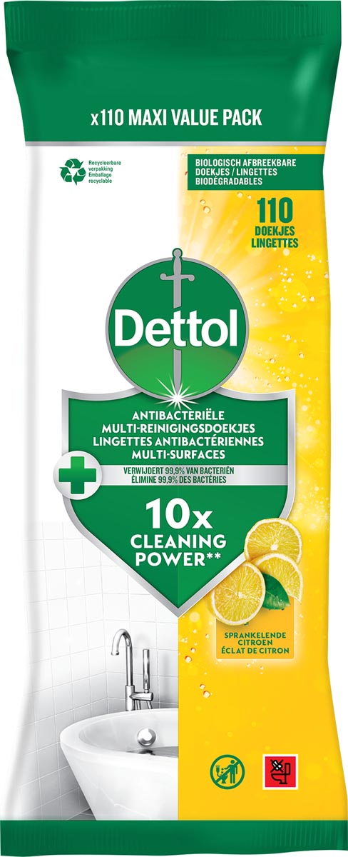 Dettol reiningsdoekjes antibacterieel, citroen, pak van 110 stuks afbeelding