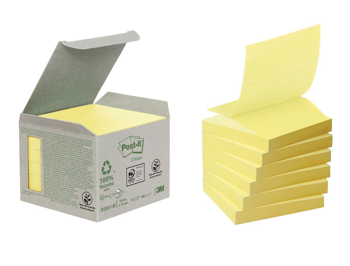 Post-it Recycled Z-notes, 100 vel, ft 76 x 76 mm, geel, pak van 6 blokken afbeelding