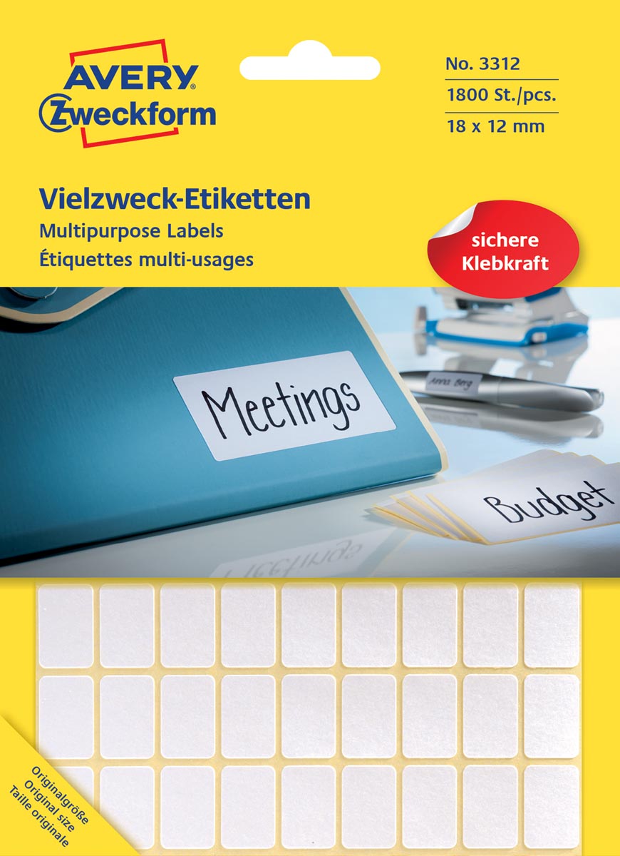 Avery Zweckform 3312 mini etiketten ft 18 x 12 mm (b x h), 1.800 etiketten, wit afbeelding