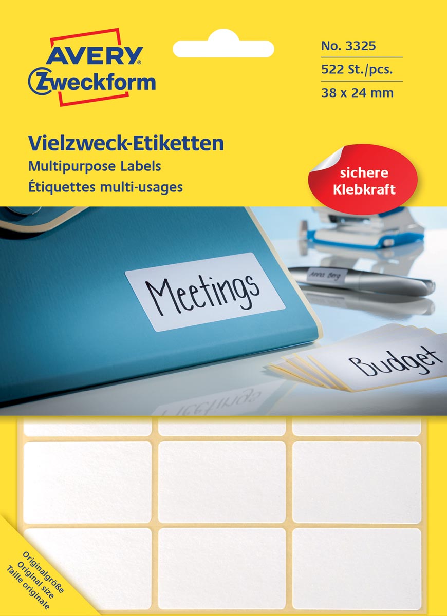 Avery Zweckform 3325 mini etiketten ft 38 x 24 mm (b x h), 522 etiketten, wit afbeelding