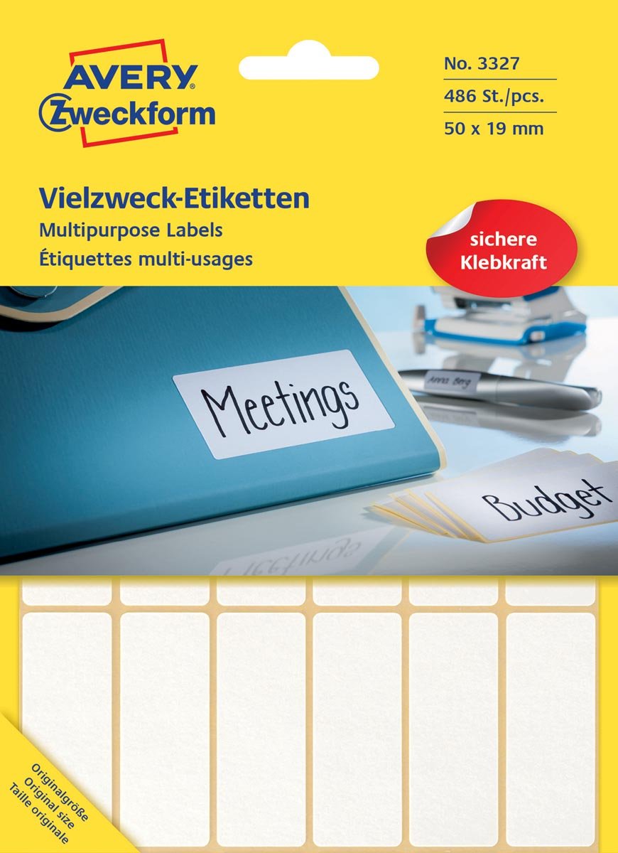 Avery Zweckform 3327 universele etiketten ft 50 x 19 mm (b x h), 486 etiketten, wit afbeelding