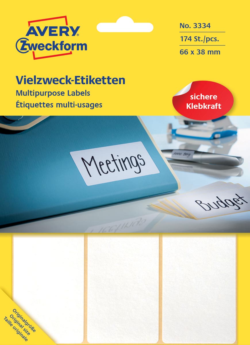 Avery Zweckform 3334 universele etiketten ft 66 x 38 mm (b x h), 174 etiketten, wit afbeelding