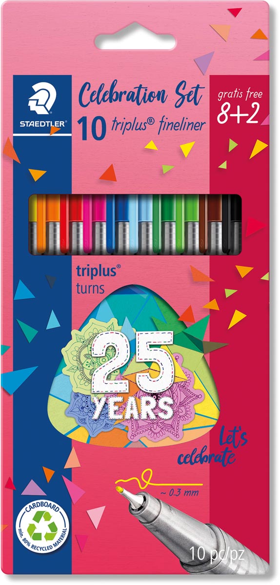Staedtler fineliner Triplus, set van 10 fineliners (8+2), geassorteerde kleuren