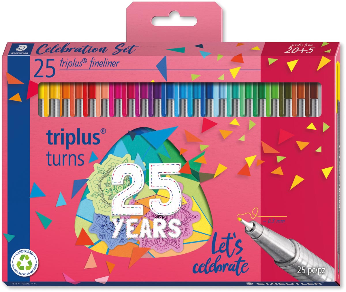 Staedtler fineliner Triplus, set van 25 fineliners (20+5), geassorteerde kleuren