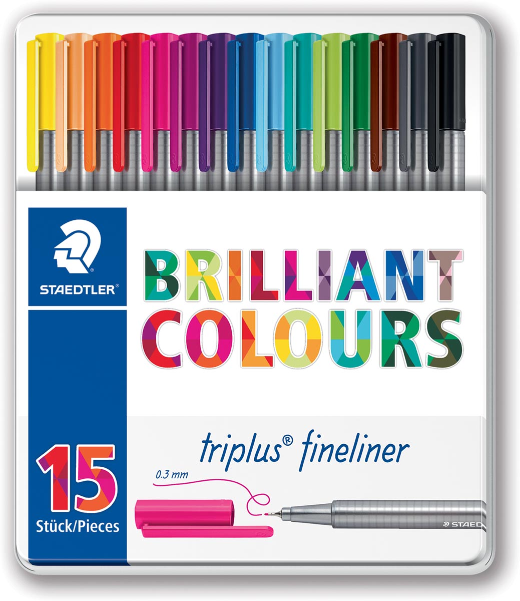 Staedtler fineliner Triplus, metalen doos met 15 stuks in geassorteerde kleuren Staedtler fineliner Triplus, metalen doos met 15 stuks in geassorteerde kleuren