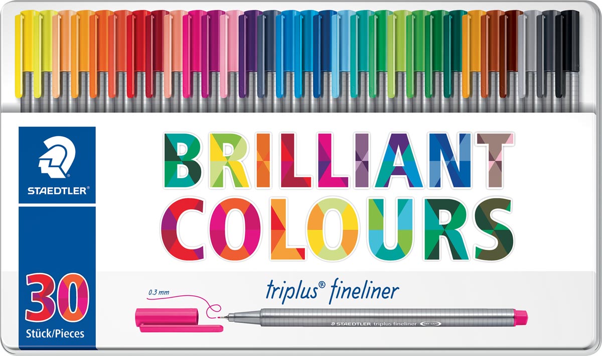 Staedtler fineliner Triplus, metalen doos met 30 stuks in geassorteerde kleuren