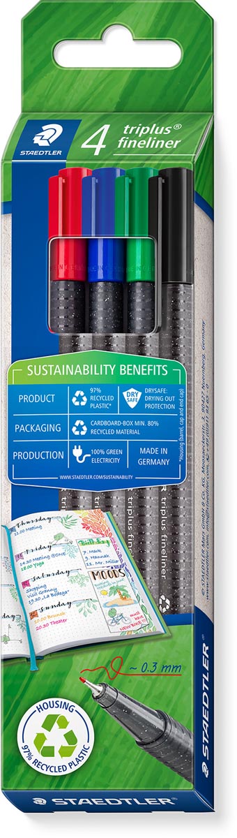 Staedtler Triplus fineliner eco, doosje van 4 stuks, assorti Staedtler Triplus fineliner eco, doosje van 4 stuks, assorti