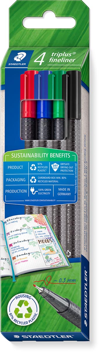 Staedtler Triplus fineliner eco, doosje van 4 stuks, assorti