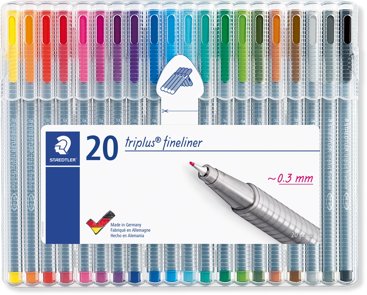 Staedtler fineliner Triplus geassorteerde kleuren, opstelbare box met 20 stuks