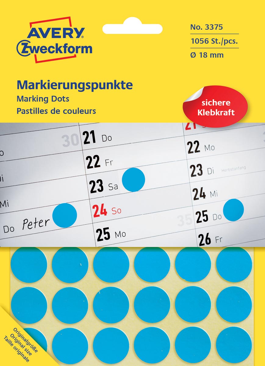 Avery Zweckform 3375 ronde etiketten, diameter 18 mm, 1.056 etiketten, blauw Avery Zweckform 3375 ronde etiketten, diameter 18 mm, 1.056 etiketten, blauw