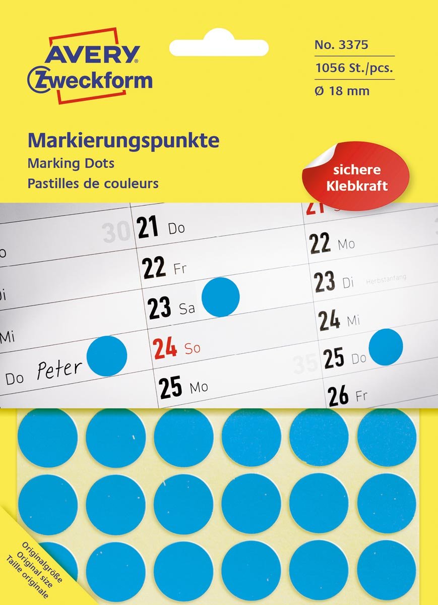 Avery Zweckform 3375 ronde etiketten, diameter 18 mm, 1.056 etiketten, blauw afbeelding