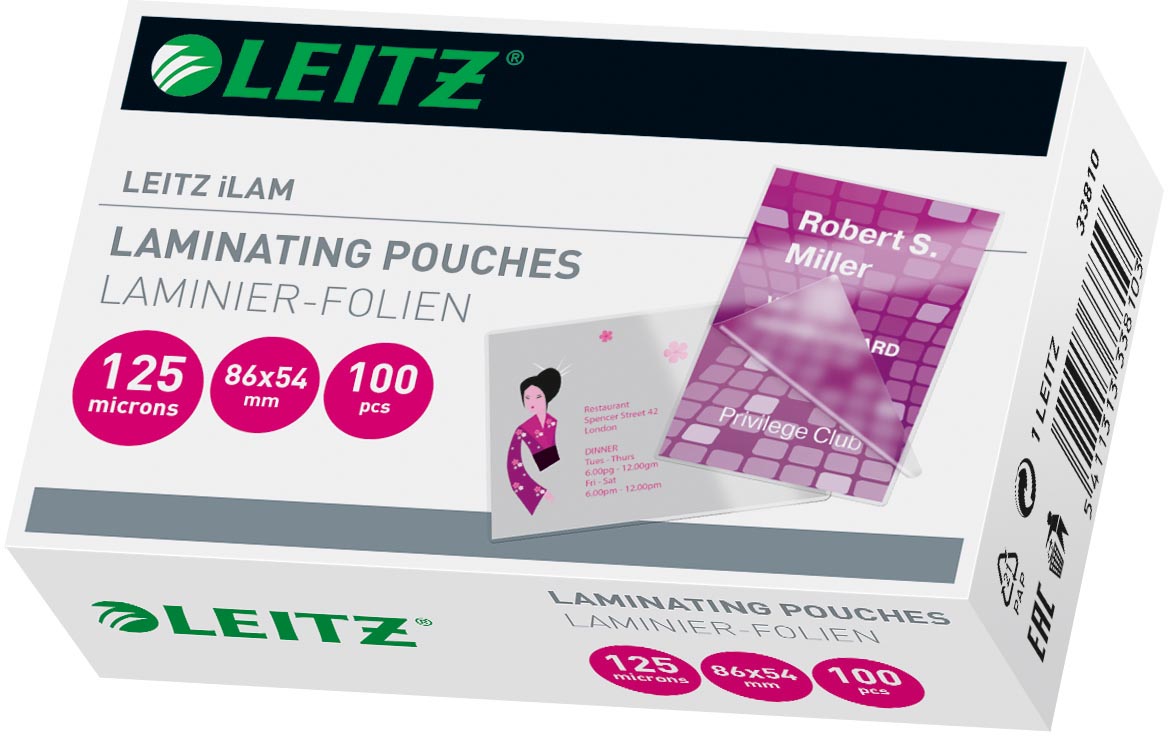 Leitz Eva lamineerhoes ft 54 x 86 mm, 250 micron (2 x 125 micron), pak van 100 stuks afbeelding