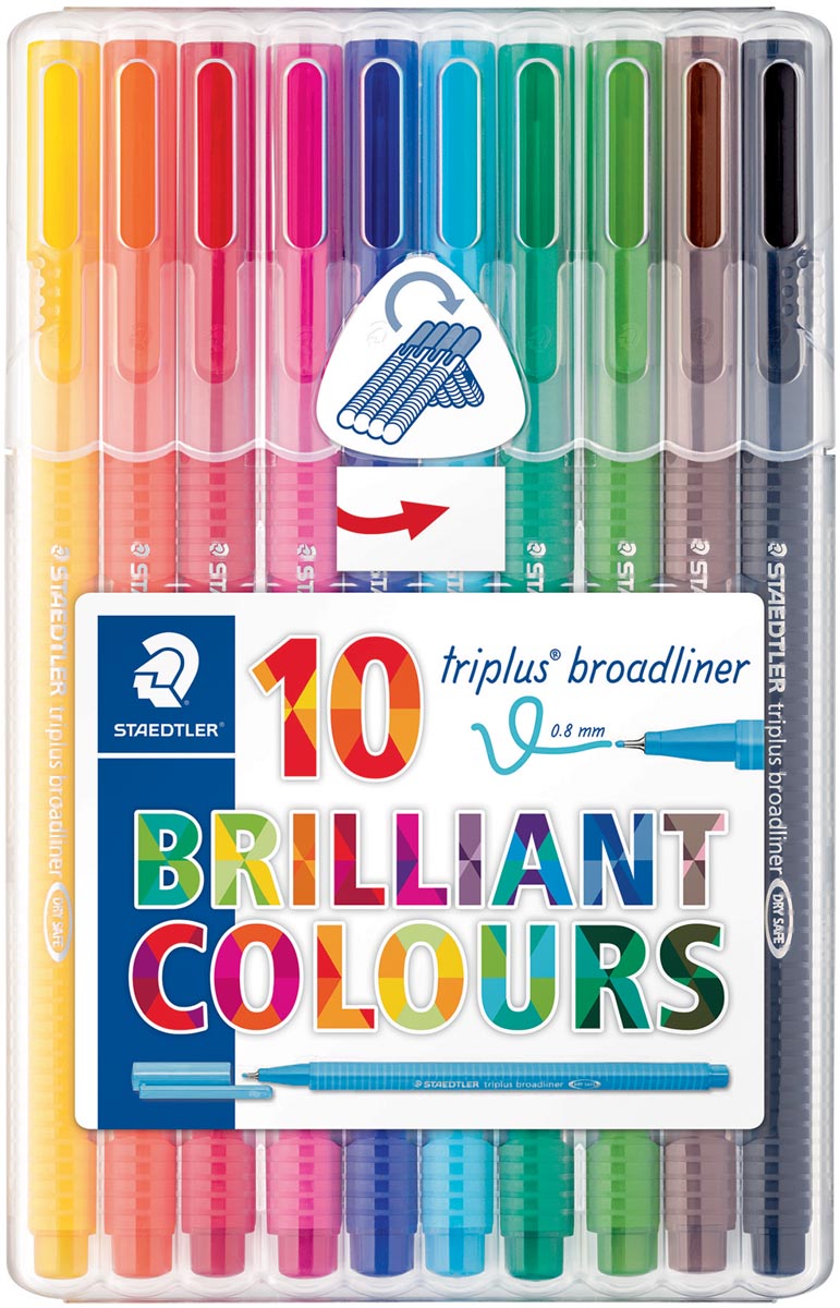 Staedtler fineliner Triplus Broadliner, etui met 10 stuks in geassorteerde kleuren