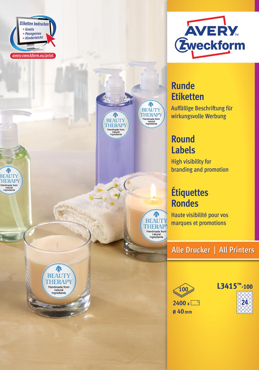 Avery Zweckform L3415-100 ronde etiketten, diameter 40 mm, 2400 etiketten, wit afbeelding